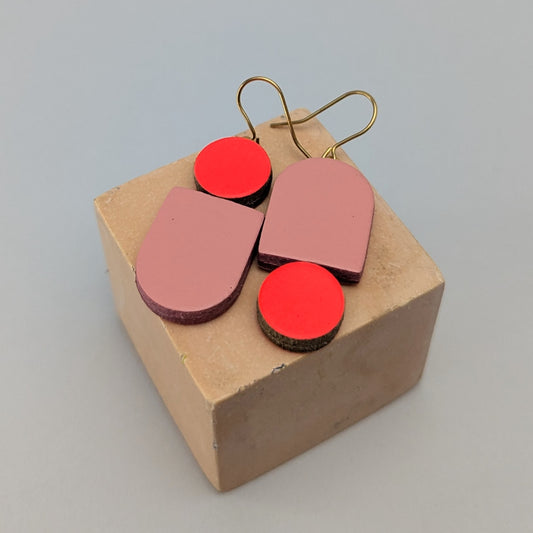Leather totem earring in fluoro orange and Pale pink by Kay Morgan, Bristol